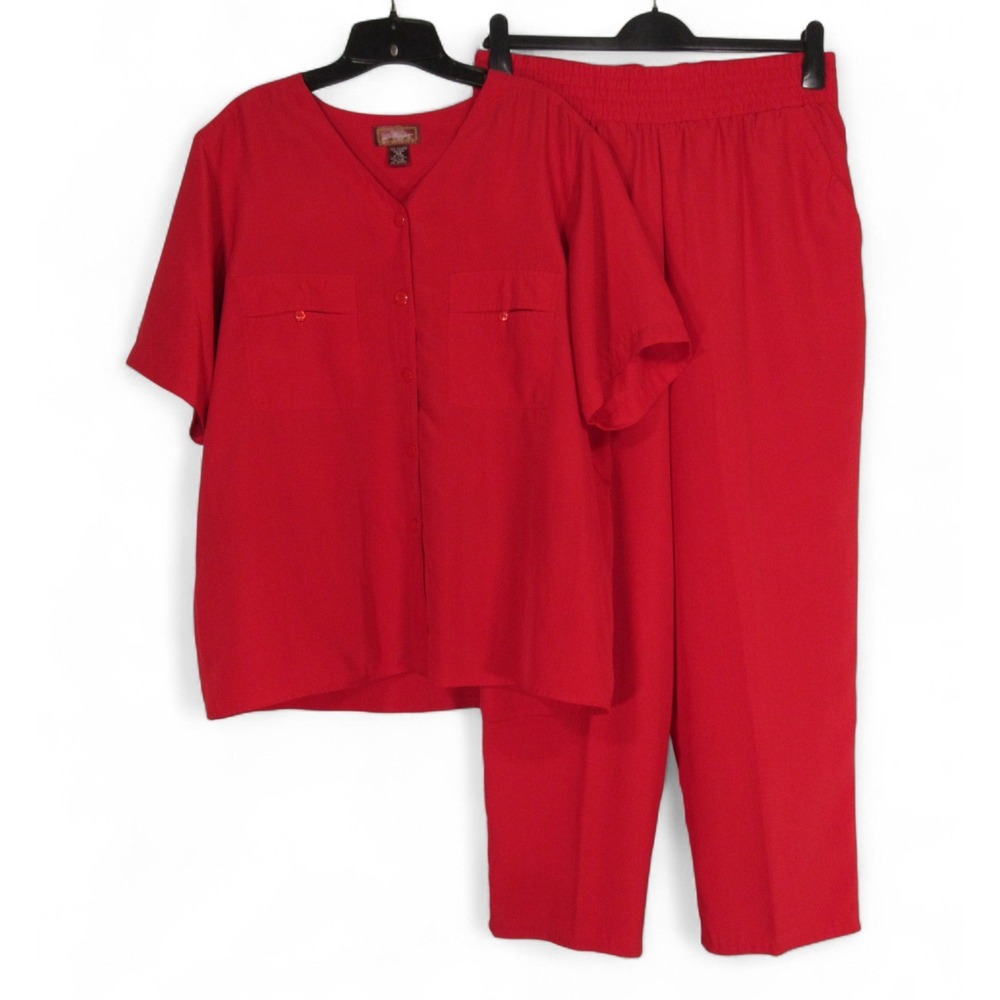 VTG WORTHINGTON Red SATIN Pockets BUTTON-UP Shirt/Pants OUTFIT SET Sz 18W